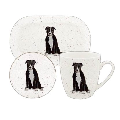 Waggy Tails Staffie mugg, coaster & bricka